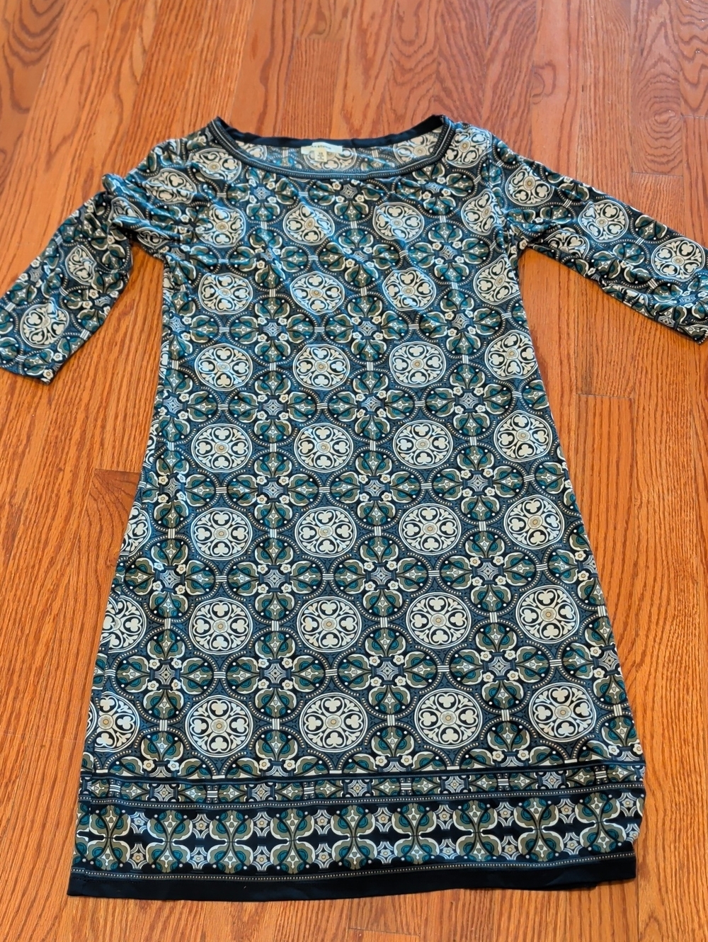 Teal & Navy Geometric Print max Studio Slinky Dress.